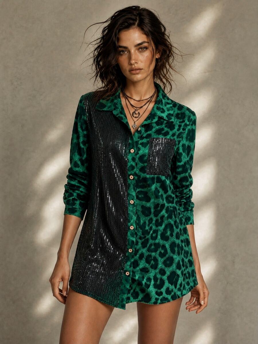 Calvaya Women's Leopard Print Party Autumn And Winter Music Festival Casual Home Date Black Sequin Button Splicing Color Block Loose Long Sleeve Shirt - Green - View 1