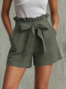 Calvaya Solid Color Ruffle Waist Dual Pockets Women Shorts - Army Green - View 4