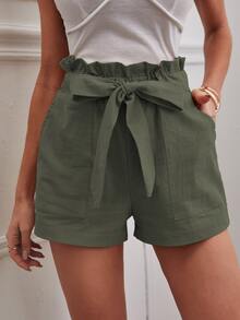 Calvaya Solid Color Ruffle Waist Dual Pockets Women Shorts - Army Green - View 7