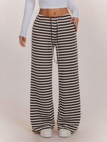SHEIN PETITE 女款條紋圖案抽繩腰時尚休閒長褲居家褲 棕色與白色，寬腿褲，外出，開學季，秋冬，小碼 - 棕色 - 查看 3