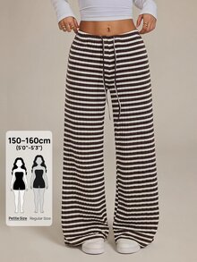 SHEIN PETITE 女款條紋圖案抽繩腰時尚休閒長褲居家褲 棕色與白色，寬腿褲，外出，開學季，秋冬，小碼 - 棕色 - 查看 1