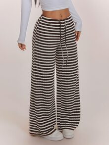 SHEIN PETITE 女款條紋圖案抽繩腰時尚休閒長褲居家褲 棕色與白色，寬腿褲，外出，開學季，秋冬，小碼 - 棕色 - 查看 4