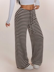 SHEIN PETITE 女款條紋圖案抽繩腰時尚休閒長褲居家褲 棕色與白色，寬腿褲，外出，開學季，秋冬，小碼 - 棕色 - 查看 5