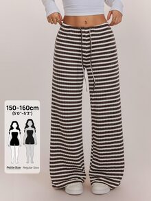 SHEIN PETITE 女款條紋圖案抽繩腰時尚休閒長褲居家褲 棕色與白色，寬腿褲，外出，開學季，秋冬，小碼 - 棕色 - 查看 11