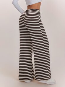 SHEIN PETITE 女款條紋圖案抽繩腰時尚休閒長褲居家褲 棕色與白色，寬腿褲，外出，開學季，秋冬，小碼 - 棕色 - 查看 2