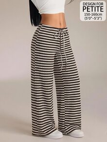 SHEIN PETITE 女款條紋圖案抽繩腰時尚休閒長褲居家褲 棕色與白色，寬腿褲，外出，開學季，秋冬，小碼 - 棕色 - 查看 9