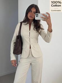 Siren Gaze Fall Winter 100% Cotton Mandarin Collar Long Sleeve Keyhole Contrast Trim Shirt Suit Frog Button Office Wear Modest Fitted Blazer Long Wide Leg Pants - White - View 8