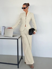 Siren Gaze Fall Winter 100% Cotton Mandarin Collar Long Sleeve Keyhole Contrast Trim Shirt Suit Frog Button Office Wear Modest Fitted Blazer Long Wide Leg Pants - White - View 5