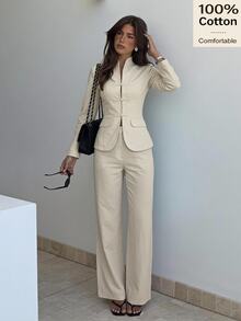 Siren Gaze Fall Winter 100% Cotton Mandarin Collar Long Sleeve Keyhole Contrast Trim Shirt Suit Frog Button Office Wear Modest Fitted Blazer Long Wide Leg Pants - White - View 11