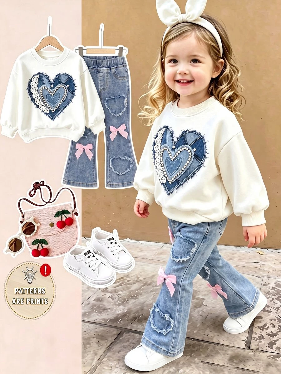 SHEIN Baby Girl Fall/Winter Y2k Cute Pink Bow Heart Patchwork Blue Denim Skinny Flared Jeans, For Daily & Streetwear, Christmas Western - Navy Blue - View 1