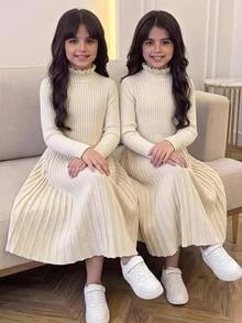 SHEIN 青少年女孩秋冬休閒杏色荷葉領A字針織洋裝 - 杏色 - 查看 7