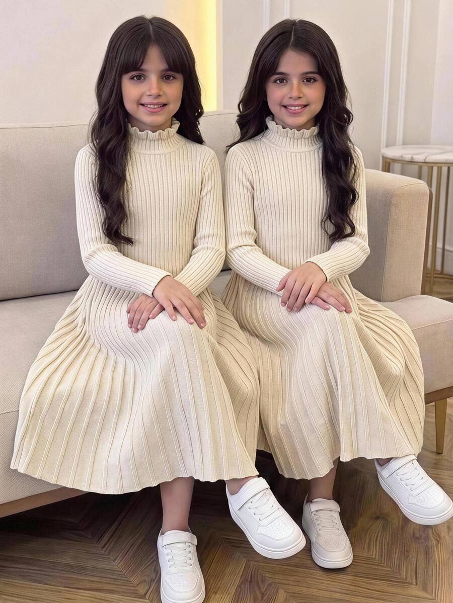 SHEIN فستان محبوك بقصة A-خط وياقة مكشكشة باللون المشمشي كاجوال للبنات المراهقات لفصل الخريف والشتاء - لون مشمشي - مشاهدة 1