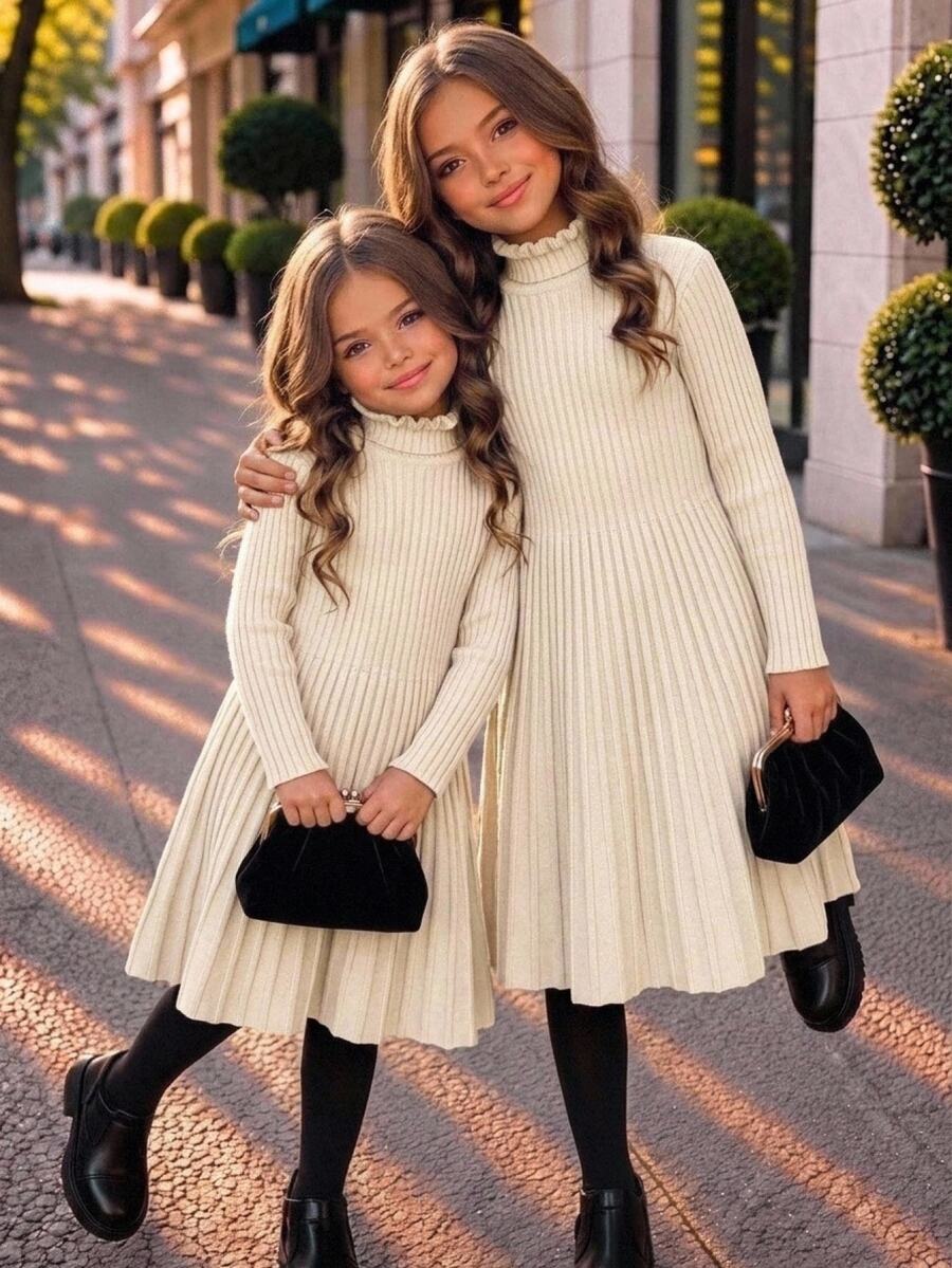 SHEIN 青少年女孩秋冬休閒杏色荷葉領A字針織洋裝 - 杏色 - 查看 1