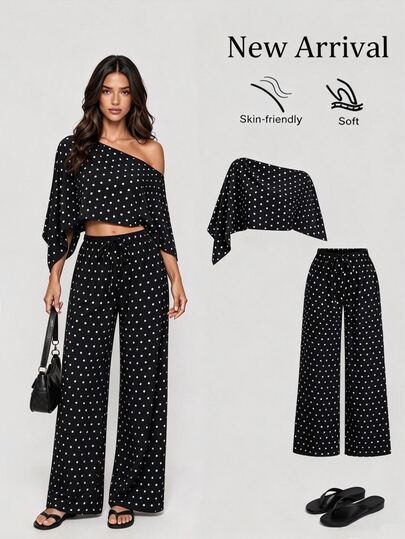Sweetra Black Polka Dot Asymmetric Shoulder Women's Blouse, Autumn Polka Dot Set, Short Sleeve Top, Fashionable Long Pants, 2 Pieces Set
