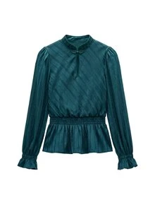 Nöista Deep Emerald Blouse With A High Neck, Delicate Frog Closures, Gathered Peplum Hem And Subtle Metallic Sheen. Elegant Statement Piece. - Dark Green - View 7
