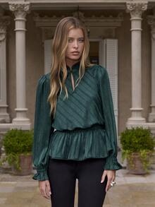 Nöista Deep Emerald Blouse With A High Neck, Delicate Frog Closures, Gathered Peplum Hem And Subtle Metallic Sheen. Elegant Statement Piece. - Dark Green - View 3