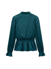 Nöista Deep Emerald Blouse With A High Neck, Delicate Frog Closures, Gathered Peplum Hem And Subtle Metallic Sheen. Elegant Statement Piece. - Dark Green - View 8