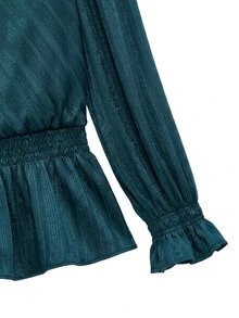 Nöista Deep Emerald Blouse With A High Neck, Delicate Frog Closures, Gathered Peplum Hem And Subtle Metallic Sheen. Elegant Statement Piece. - Dark Green - View 10