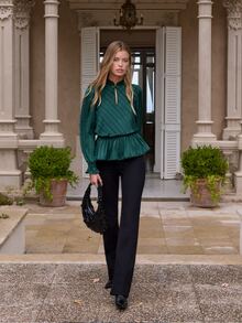 Nöista Deep Emerald Blouse With A High Neck, Delicate Frog Closures, Gathered Peplum Hem And Subtle Metallic Sheen. Elegant Statement Piece. - Dark Green - View 1
