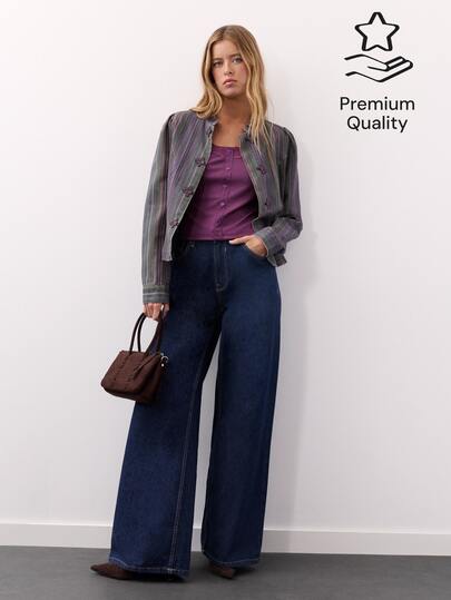 Nöista Women Denim Stripped Jacket, Combined Colors With Front Contrast Oriental Buttons, Perfect For Everyday Looks, Even Weekends In Fall Winter Season.