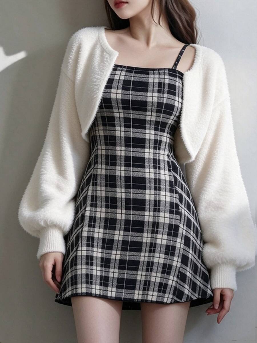 FRIFUL Women's Solid Color Dropped Shoulder Long Sleeve Knit Cardigan And Plaid Camisole Knit Dress 2 Pieces Set - Beige - View 1