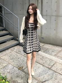 FRIFUL Women's Solid Color Dropped Shoulder Long Sleeve Knit Cardigan And Plaid Camisole Knit Dress 2 Pieces Set - Beige - View 5