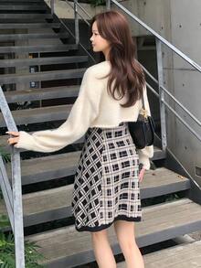FRIFUL Women's Solid Color Dropped Shoulder Long Sleeve Knit Cardigan And Plaid Camisole Knit Dress 2 Pieces Set - Beige - View 2