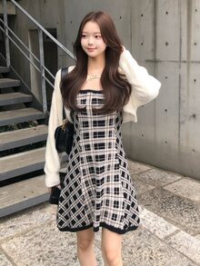FRIFUL Women's Solid Color Dropped Shoulder Long Sleeve Knit Cardigan And Plaid Camisole Knit Dress 2 Pieces Set - Beige - View 3