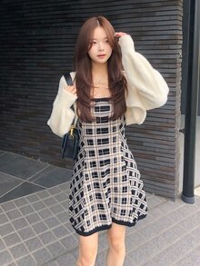 FRIFUL Women's Solid Color Dropped Shoulder Long Sleeve Knit Cardigan And Plaid Camisole Knit Dress 2 Pieces Set - Beige - View 6