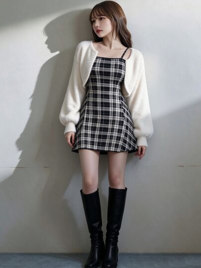 FRIFUL Women's Solid Color Dropped Shoulder Long Sleeve Knit Cardigan And Plaid Camisole Knit Dress 2 Pieces Set