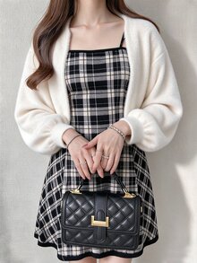 FRIFUL Women's Solid Color Dropped Shoulder Long Sleeve Knit Cardigan And Plaid Camisole Knit Dress 2 Pieces Set - Beige - View 8