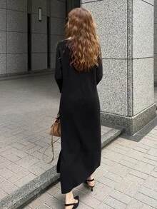 FRIFUL Women's Contrast Color Button Half-Placket Long Sleeve Knit Dress - Black - View 2