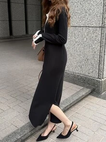 FRIFUL Women's Contrast Color Button Half-Placket Long Sleeve Knit Dress - Black - View 6