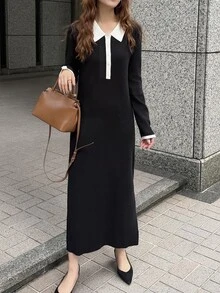 FRIFUL Women's Contrast Color Button Half-Placket Long Sleeve Knit Dress - Black - View 3