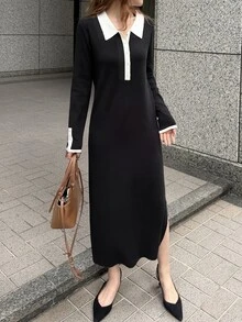 FRIFUL Women's Contrast Color Button Half-Placket Long Sleeve Knit Dress - Black - View 1