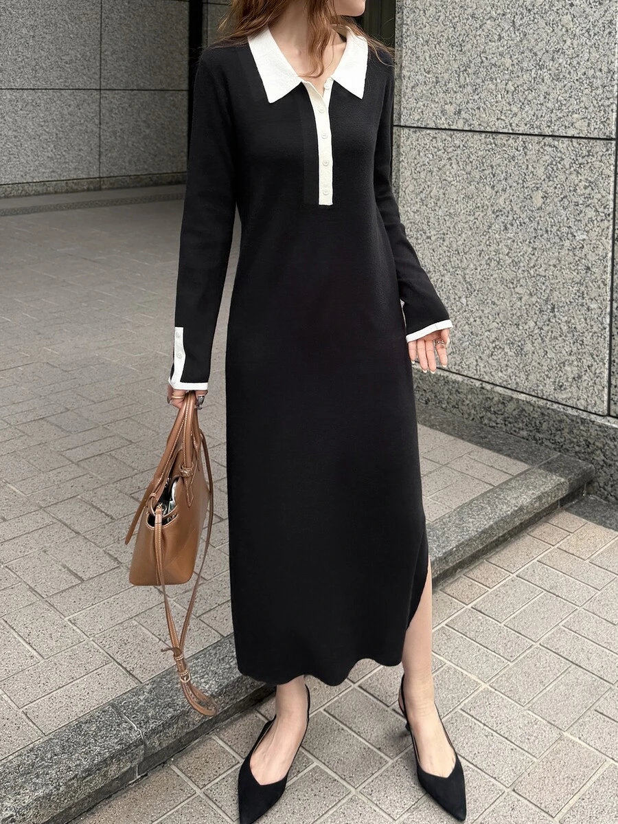 FRIFUL Women's Contrast Color Button Half-Placket Long Sleeve Knit Dress - Black - View 1