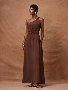 Zivah 2026 Spring/Summer New Arrival One Shoulder Twist Waist Woven Detailing Real Pockets A-Line Dress Long For Women Brown Maxi Ladies With - Mocha Brown - View 4