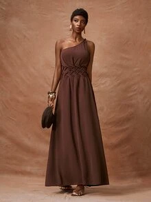 Zivah 2026 Spring/Summer New Arrival One Shoulder Twist Waist Woven Detailing Real Pockets A-Line Dress Long For Women Brown Maxi Ladies With - Mocha Brown - View 5