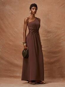 Zivah 2026 Spring/Summer New Arrival One Shoulder Twist Waist Woven Detailing Real Pockets A-Line Dress Long For Women Brown Maxi Ladies With - Mocha Brown - View 6