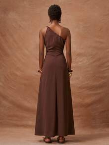 Zivah 2026 Spring/Summer New Arrival One Shoulder Twist Waist Woven Detailing Real Pockets A-Line Dress Long For Women Brown Maxi Ladies With - Mocha Brown - View 2