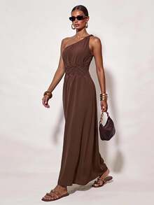 Zivah 2026 Spring/Summer New Arrival One Shoulder Twist Waist Woven Detailing Real Pockets A-Line Dress Long For Women Brown Maxi Ladies With - Mocha Brown - View 1