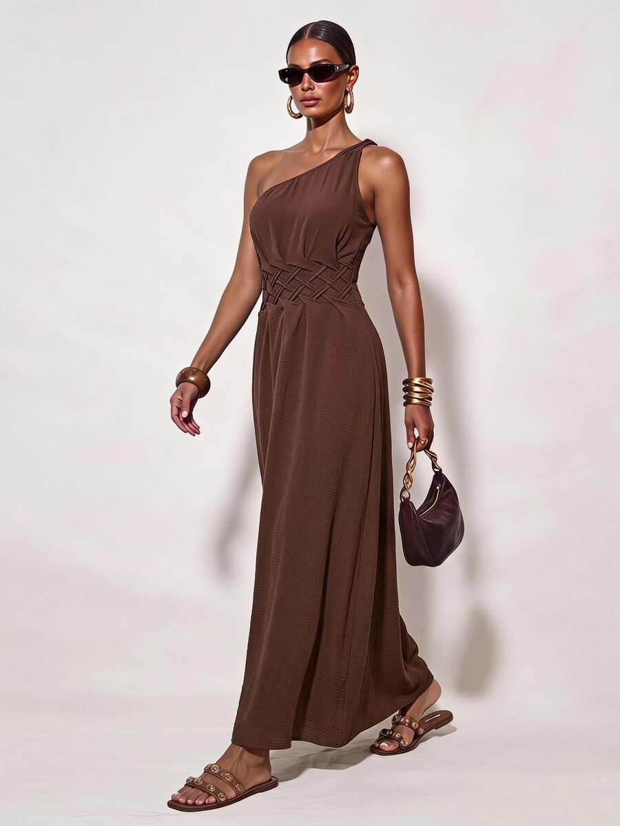 Zivah 2026 Spring/Summer New Arrival One Shoulder Twist Waist Woven Detailing Real Pockets A-Line Dress Long For Women Brown Maxi Ladies With - Mocha Brown - View 1