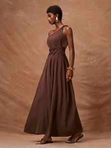 Zivah 2026 Spring/Summer New Arrival One Shoulder Twist Waist Woven Detailing Real Pockets A-Line Dress Long For Women Brown Maxi Ladies With - Mocha Brown - View 3