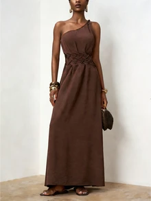Zivah 2026 Spring/Summer New Arrival One Shoulder Twist Waist Woven Detailing Real Pockets A-Line Dress Long For Women Brown Maxi Ladies With - Mocha Brown - View 8