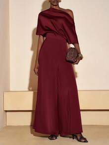 Zivah Burgundy Autumn Elegant Dining Satin Jumpsuit,Asymmetrical Shoulder Design Wide Leg Pants With Pockets For Wedding Guest,Party,Banquet&Holiday Outing - Burgundy - View 5