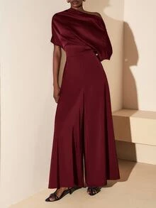 Zivah Burgundy Autumn Elegant Dining Satin Jumpsuit,Asymmetrical Shoulder Design Wide Leg Pants With Pockets For Wedding Guest,Party,Banquet&Holiday Outing - Burgundy - View 7