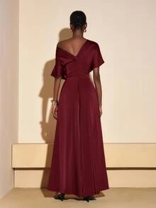 Zivah Burgundy Autumn Elegant Dining Satin Jumpsuit,Asymmetrical Shoulder Design Wide Leg Pants With Pockets For Wedding Guest,Party,Banquet&Holiday Outing - Burgundy - View 2