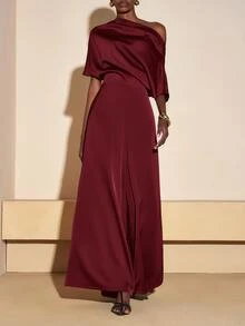 Zivah Burgundy Autumn Elegant Dining Satin Jumpsuit,Asymmetrical Shoulder Design Wide Leg Pants With Pockets For Wedding Guest,Party,Banquet&Holiday Outing - Burgundy - View 4
