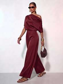 Zivah Burgundy Autumn Elegant Dining Satin Jumpsuit,Asymmetrical Shoulder Design Wide Leg Pants With Pockets For Wedding Guest,Party,Banquet&Holiday Outing - Burgundy - View 1