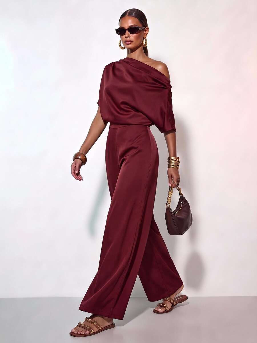 Zivah Burgundy Autumn Elegant Dining Satin Jumpsuit,Asymmetrical Shoulder Design Wide Leg Pants With Pockets For Wedding Guest,Party,Banquet&Holiday Outing - Burgundy - View 1